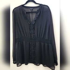 Torrid Black Sheer Ruffle Button Up Blouse‎ Elastic Empire Waist V Neck